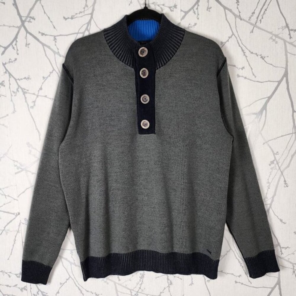 Codice Gray Navy 50% Merino Wool Blend Knit Mockneck Polo Sweater